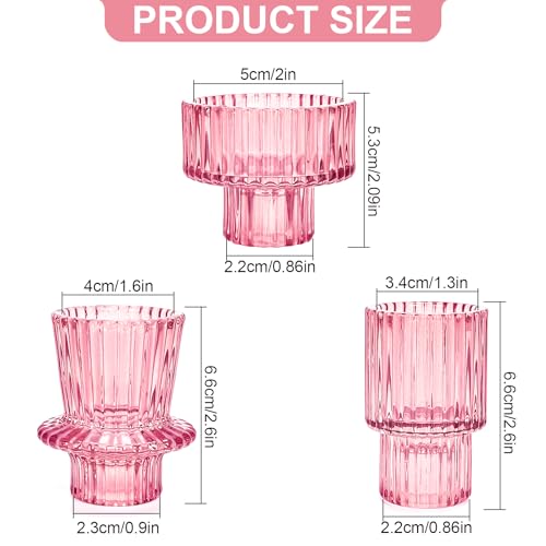 Toptime Candlestick Holders Set of 6, Ribbed Glass Taper Candle Holders, Reversible Pink Tealight & Candle Stick Candle Holder Vintage Crystal Tapered Candlestick for Wedding Dinner Party Festival - Image 2