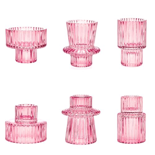 Toptime Candlestick Holders Set of 6, Ribbed Glass Taper Candle Holders, Reversible Pink Tealight & Candle Stick Candle Holder Vintage Crystal Tapered Candlestick for Wedding Dinner Party Festival - Image 1