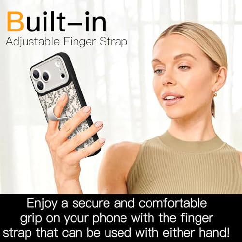 SOKAD for iPhone 17 Pro Case with Finger Strap Kickstand, Vintage Sage Floral Flower Phone Case with Finger Hand for Women Girls, Slim Full Camera Protection Shockproof Cover, Beige - Image 2