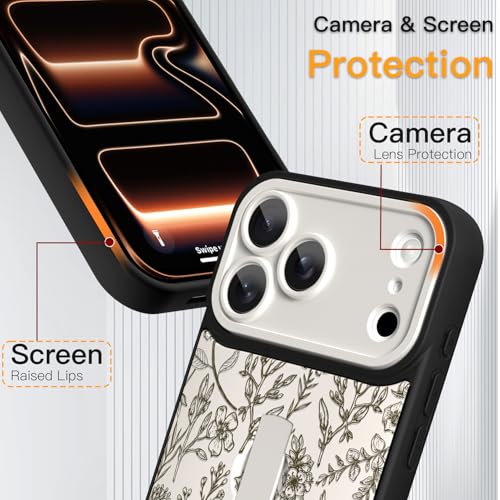 SOKAD for iPhone 17 Pro Case with Finger Strap Kickstand, Vintage Sage Floral Flower Phone Case with Finger Hand for Women Girls, Slim Full Camera Protection Shockproof Cover, Beige - Image 3