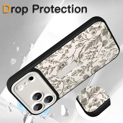 SOKAD for iPhone 17 Pro Case with Finger Strap Kickstand, Vintage Sage Floral Flower Phone Case with Finger Hand for Women Girls, Slim Full Camera Protection Shockproof Cover, Beige - Image 4