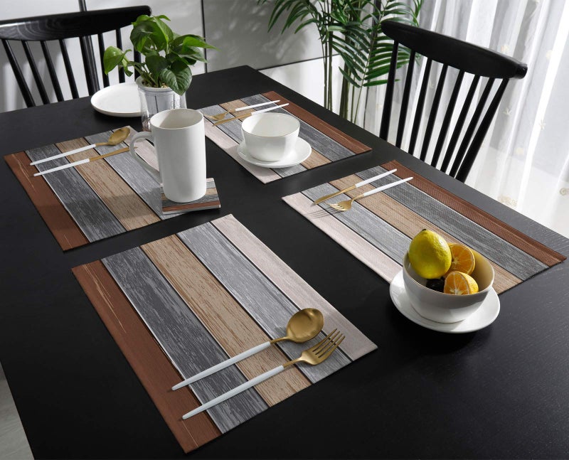 Vandarllin Placemats Set of 6  Retro Rustic Barn Wood Texture Polyester Stain Resistant Table Mats Washable Placemat Decoration for Kitchen Dining Table Ombre Ground Color Brown Grey - Image 3