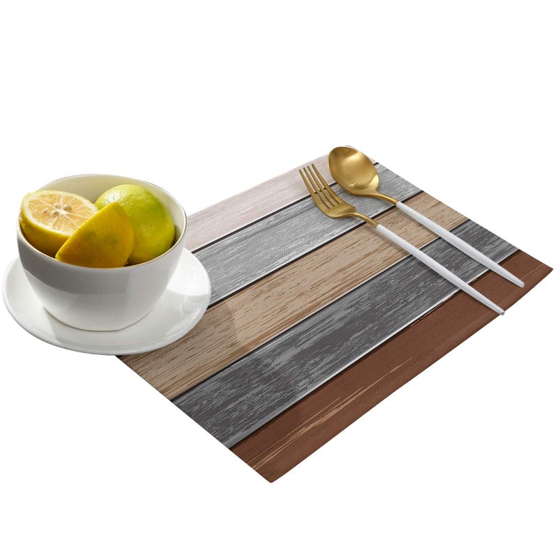 Vandarllin Placemats Set of 6  Retro Rustic Barn Wood Texture Polyester Stain Resistant Table Mats Washable Placemat Decoration for Kitchen Dining Table Ombre Ground Color Brown Grey - Image 2