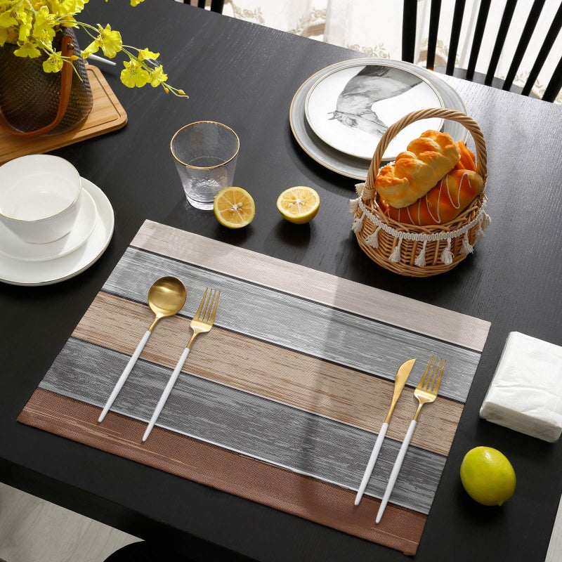 Vandarllin Placemats Set of 6  Retro Rustic Barn Wood Texture Polyester Stain Resistant Table Mats Washable Placemat Decoration for Kitchen Dining Table Ombre Ground Color Brown Grey - Image 4