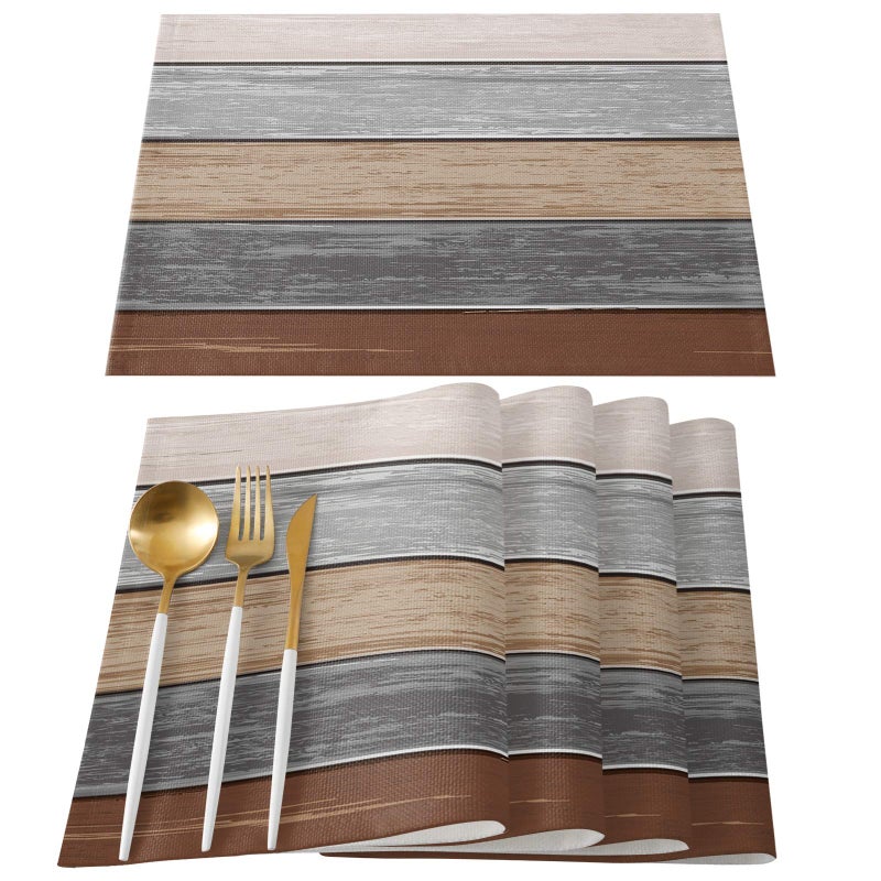 Vandarllin Placemats Set of 6  Retro Rustic Barn Wood Texture Polyester Stain Resistant Table Mats Washable Placemat Decoration for Kitchen Dining Table Ombre Ground Color Brown Grey - Image 1