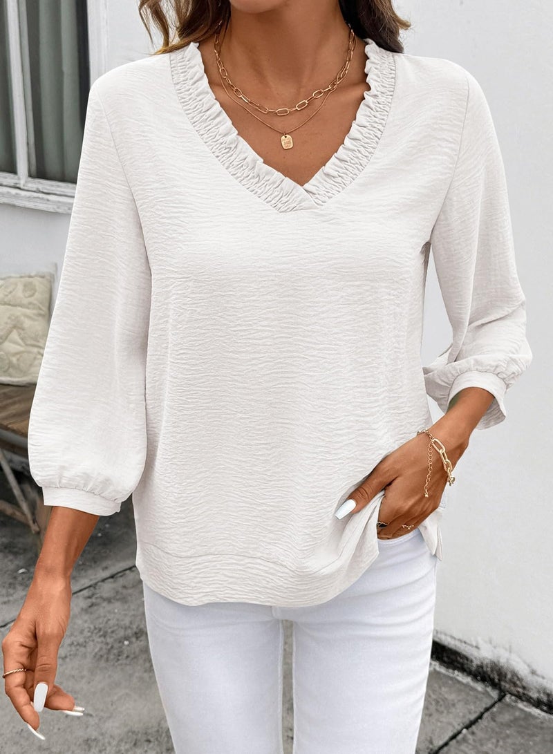Shein SHEWIN Women Tops Tunic 3/4 Length Sleeve Shirts Solid Smocked V Neck Dressy Blouses Business Work Quarter Sleeve Clothing Spring Fall Casual 2026 Clothes Size XL, White - Image 2