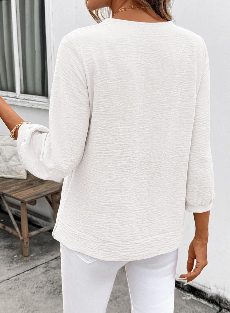 Shein SHEWIN Women Tops Tunic 3/4 Length Sleeve Shirts Solid Smocked V Neck Dressy Blouses Business Work Quarter Sleeve Clothing Spring Fall Casual 2026 Clothes Size XL, White - Image 3