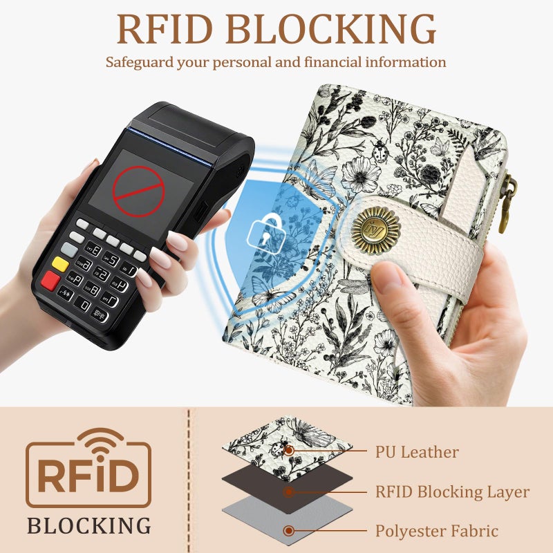 Icycay Flowers Floral Small Wallet Women RFID Blocking Bifold, Credit Card Holder, Zipper Coin Pocket, PU Leather, Compact, Travel, 4 ID Window, 14 Card Slots, Cash Purse, Ladies Woman Female Girls - Image 3