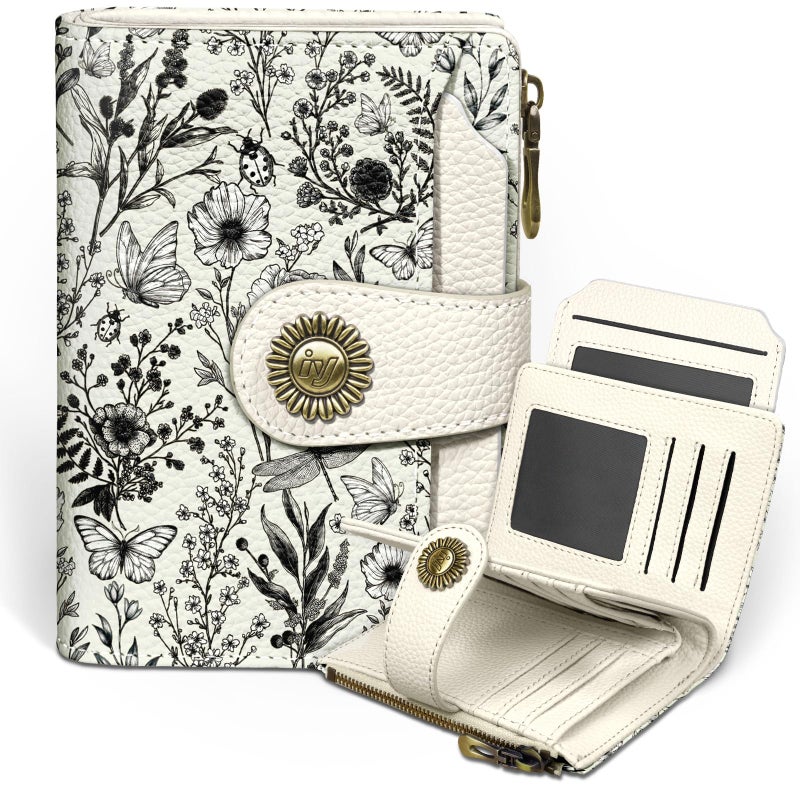 Icycay Flowers Floral Small Wallet Women RFID Blocking Bifold, Credit Card Holder, Zipper Coin Pocket, PU Leather, Compact, Travel, 4 ID Window, 14 Card Slots, Cash Purse, Ladies Woman Female Girls - Image 1