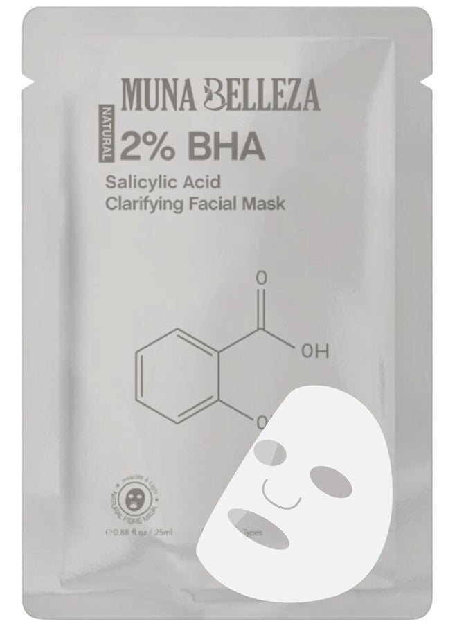 Muna Belleza 2% BHA Salicylic Acid Clarifying Mask Sheet - Shrinks Large Pores, Exfoliates & Reduces Blemishes, For All Skin Types, Korean Skincare, 25ml 