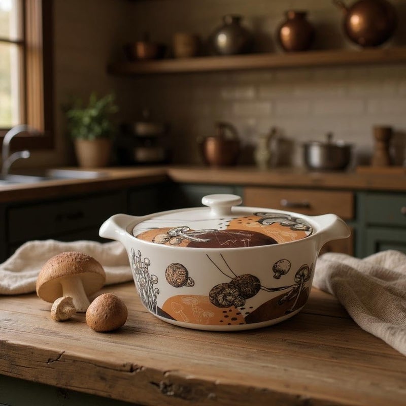 B&D Ceramic Casserole Dish with Lid - Mushroom Pattern - Image 1