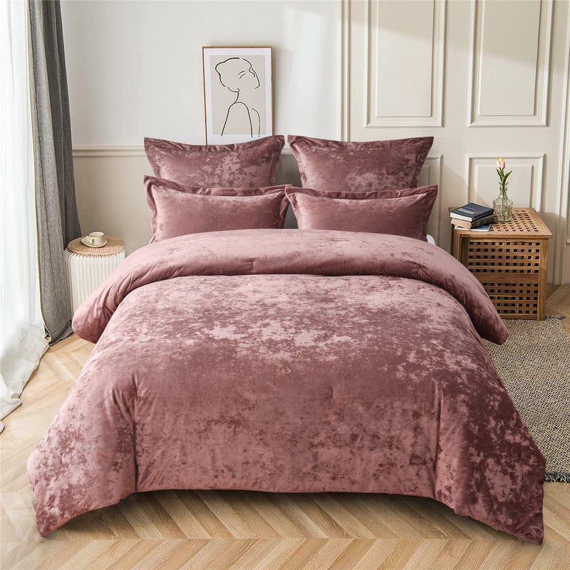 Fredsure Distressed Velvet Comforter Set 5 Pieces Dusty Mauve King Distressed Velvet Face and Brushed Microfiber Reverse