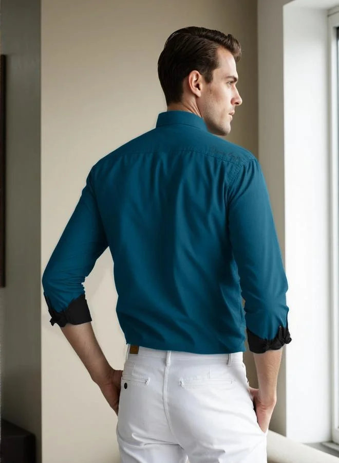 دينيس لينغو قميص رجالي قطن مزيج بلون تركواز بقصة عادية بأزرار