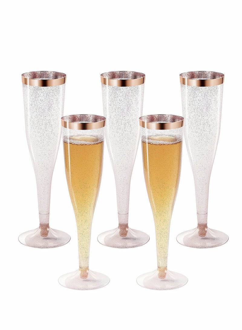 Plastic Drink Flutes Disposable, Gold Rim Gold Glitter Plastic Drink Flutes Disposable for Parties Clear Plastic Cups, drinks Glasses, Wedding and Shower Party Supplies 12 PCS (Rose Gold)  - Image 1