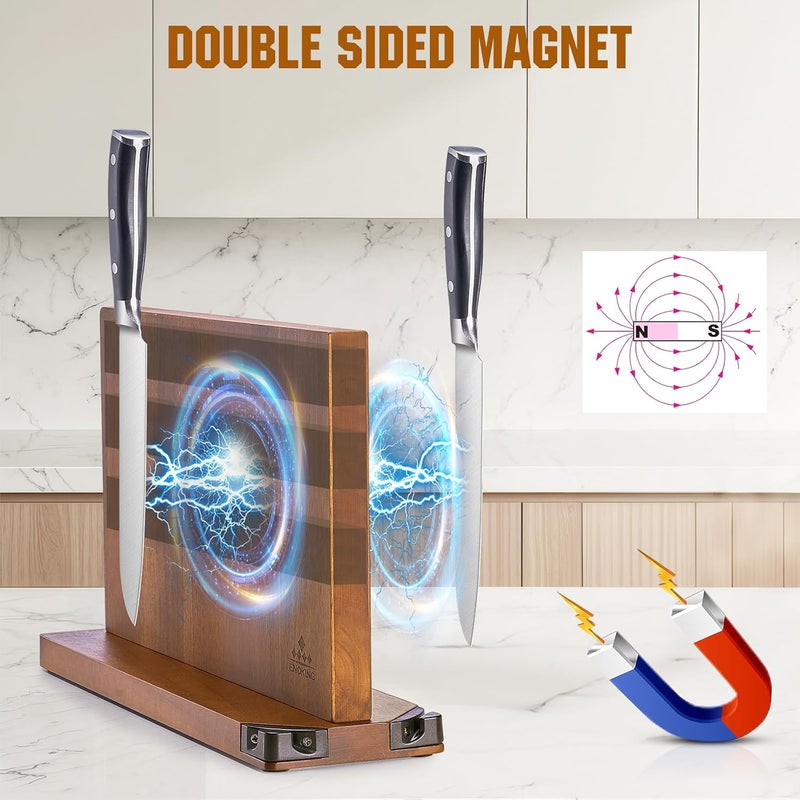 ENOKING 15.2" حامل سكاكين مغناطيسي كبير جداً مع شاربين مزدوجين، حامل سكاكين من خشب الأكاسيا ووقوف عرض مع مغناطيسات قوية - Image 2