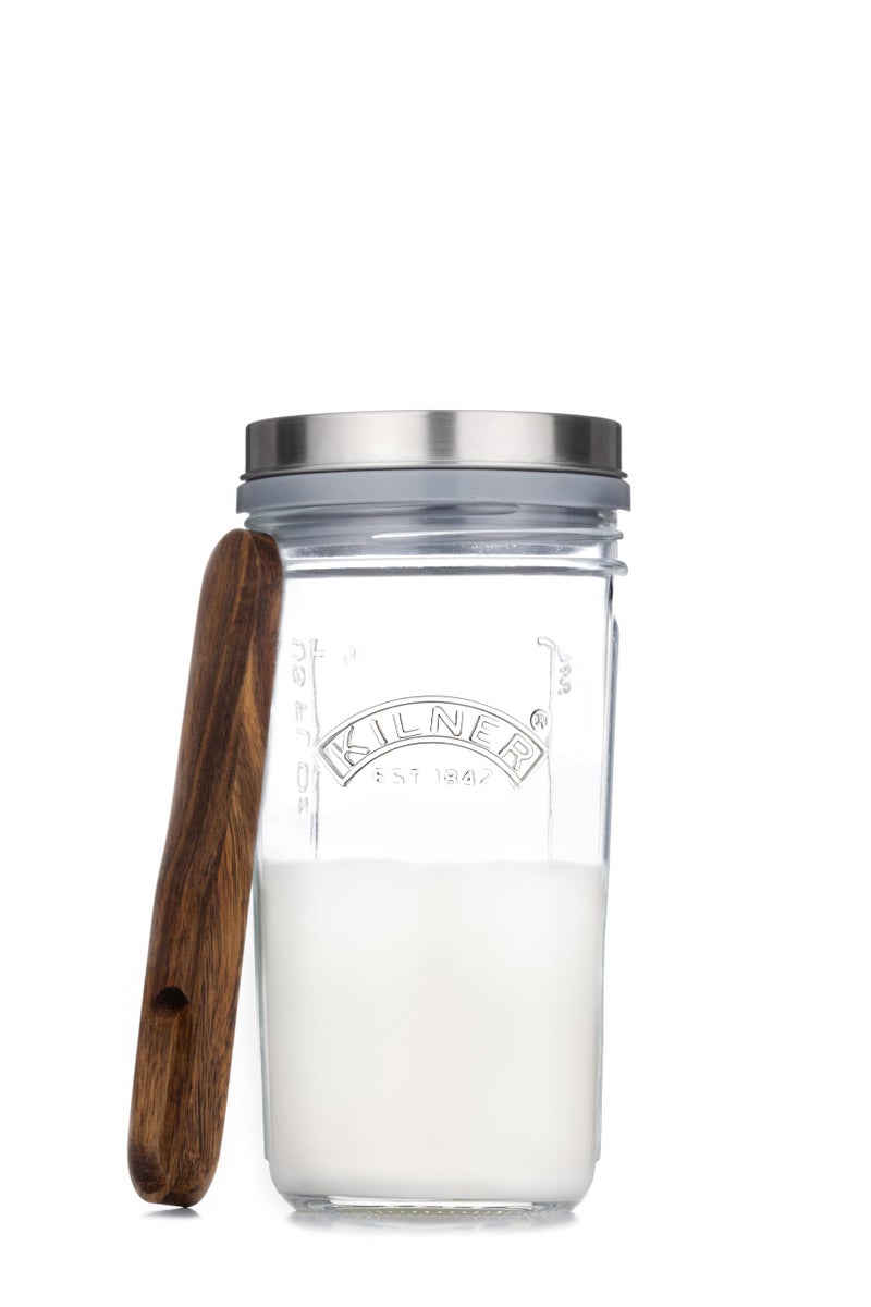 Kilner Kefir Set 05Litre Wide Mouth Jar with Silicone Strainer Cap Beech Wood Measuring Spoon Stainless Steel Lid Make Probiotic Drinks