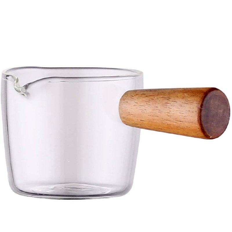 Goeielewe Goeielewe Espresso Shot Glass with Wood Handle 3Ounce Milk Cup Jug Cream Pitcher Shot Glasses Espresso Parts Heat Resistant Glass Creamer for Coffee Tea or Maple Syrup Serving 