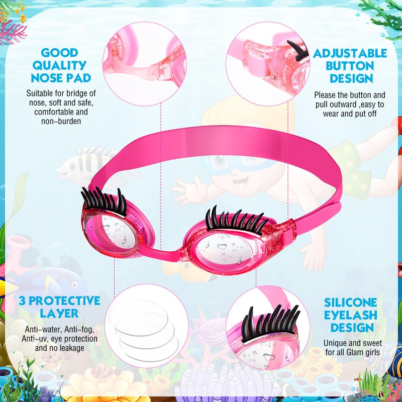 Konohan 2 Pieces Kids Swim Goggles Eyelashes Girls Funny Swim Goggle No Slip Leak Anti Fog UV Glasses for Lash Extensions(Pink, Rose Red) - Image 5