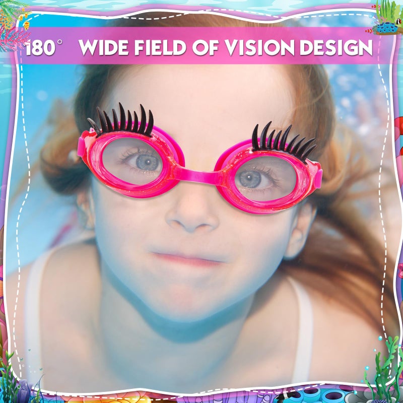 Konohan 2 Pieces Kids Swim Goggles Eyelashes Girls Funny Swim Goggle No Slip Leak Anti Fog UV Glasses for Lash Extensions(Pink, Rose Red) - Image 3