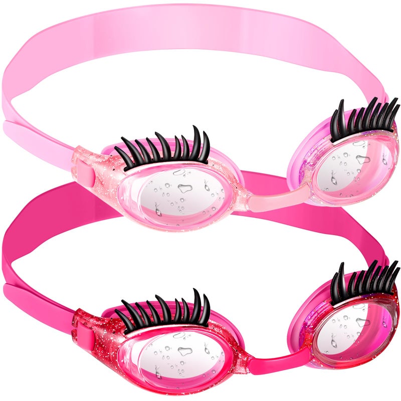 Konohan 2 Pieces Kids Swim Goggles Eyelashes Girls Funny Swim Goggle No Slip Leak Anti Fog UV Glasses for Lash Extensions(Pink, Rose Red) - Image 1
