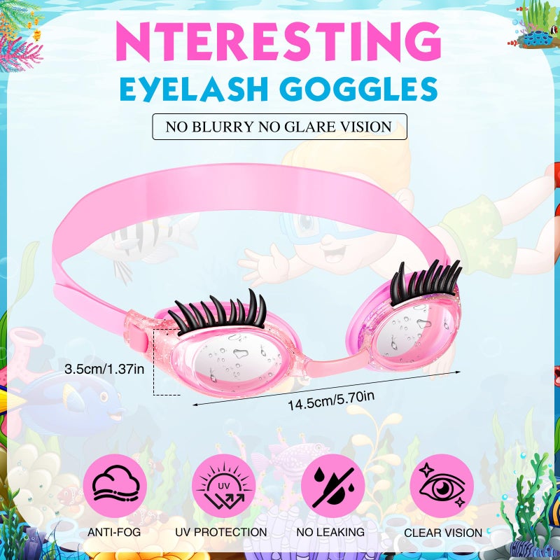 Konohan 2 Pieces Kids Swim Goggles Eyelashes Girls Funny Swim Goggle No Slip Leak Anti Fog UV Glasses for Lash Extensions(Pink, Rose Red) - Image 2