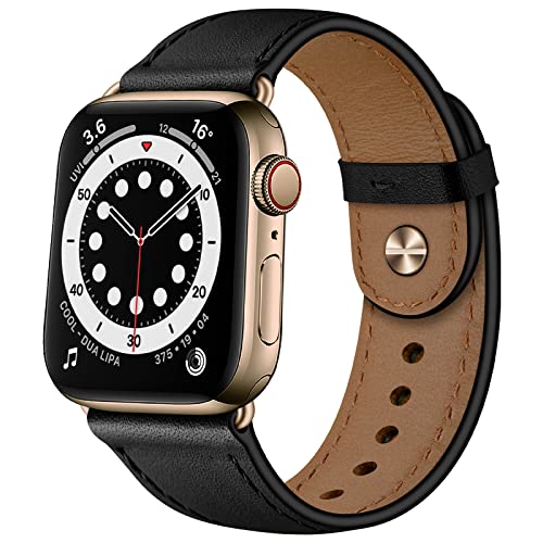 OUHENG Leather Bands Compatible with Apple Watch Band 42mm/41mm/40mm/38mm, Genuine Leather Replacement Strap for iWatch SE3 SE2 SE Series 11 10 9 8 7 6 5 4 3 2 1 (Black/Bronze Gold) - Image 1
