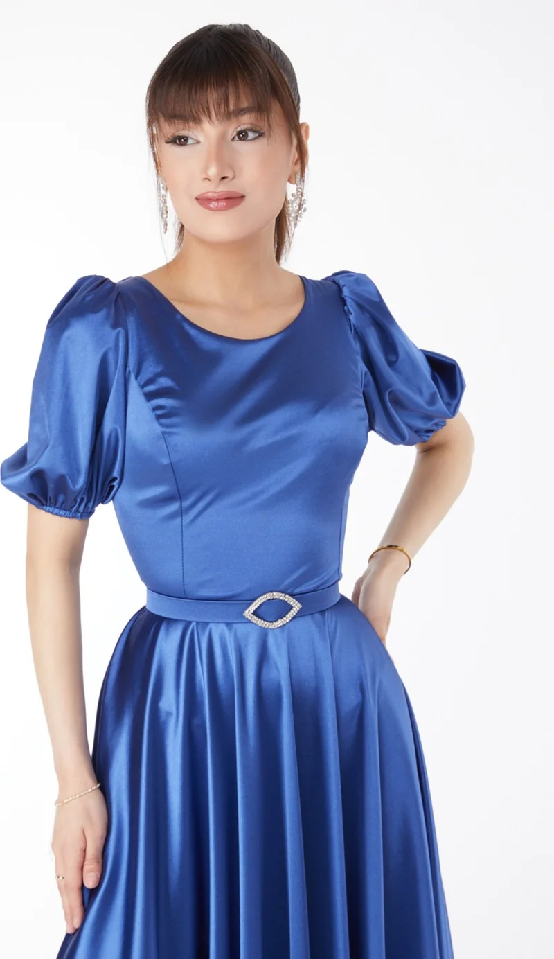 Tofisa Plain Mid Women Blue Sleeve Elastic Kermit Dress - 25102