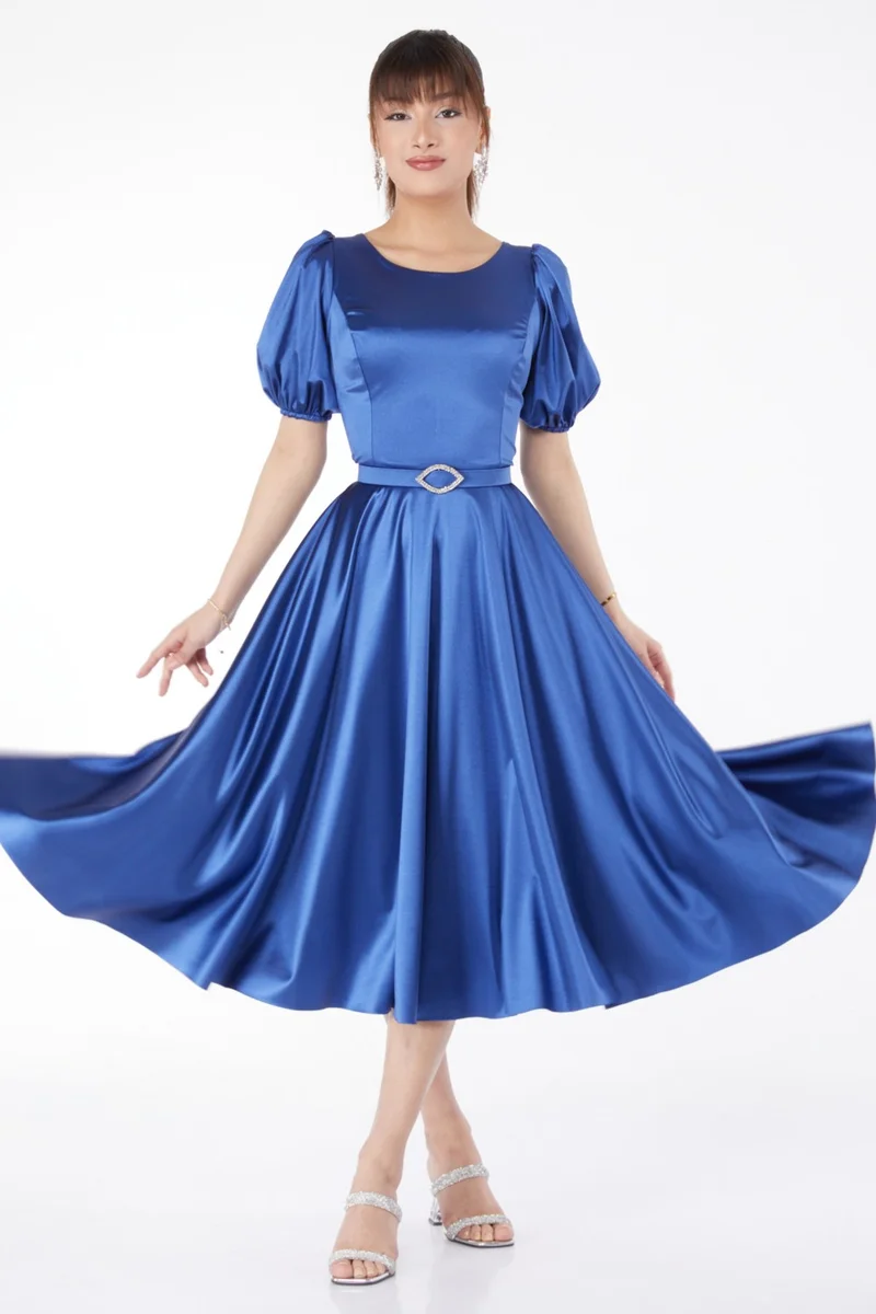 Tofisa Plain Mid Women Blue Sleeve Elastic Kermit Dress - 25102