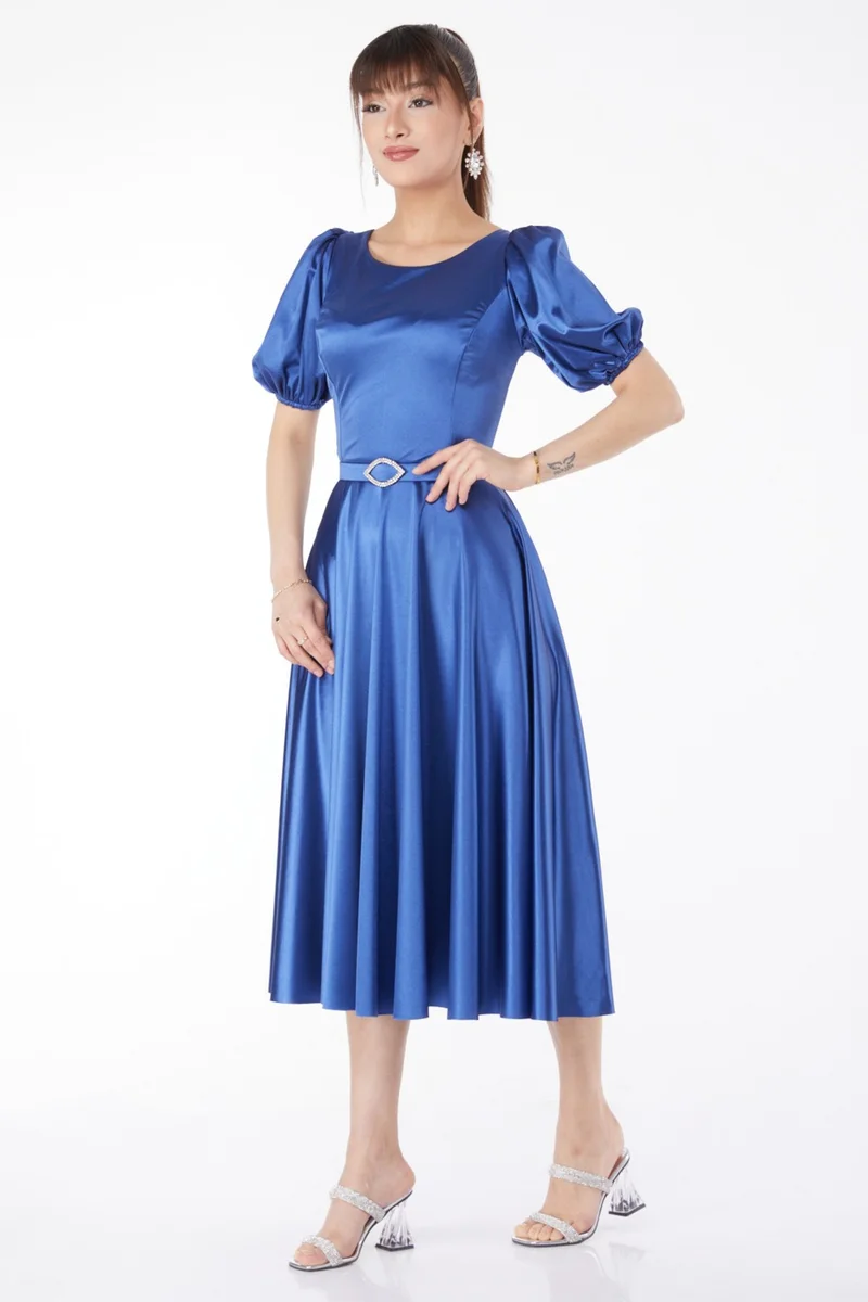 Tofisa Plain Mid Women Blue Sleeve Elastic Kermit Dress - 25102