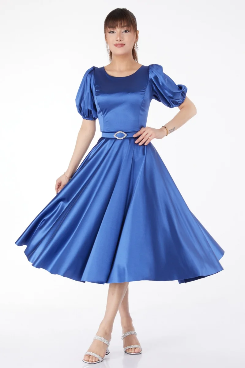 Tofisa Plain Mid Women Blue Sleeve Elastic Kermit Dress - 25102