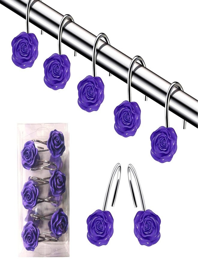 DLD12 PCS Home Fashion Decorative Anti Rust Shower Curtain Hooks Rose Design Shower Curtain Rings Hooks(Purple) - Image 1