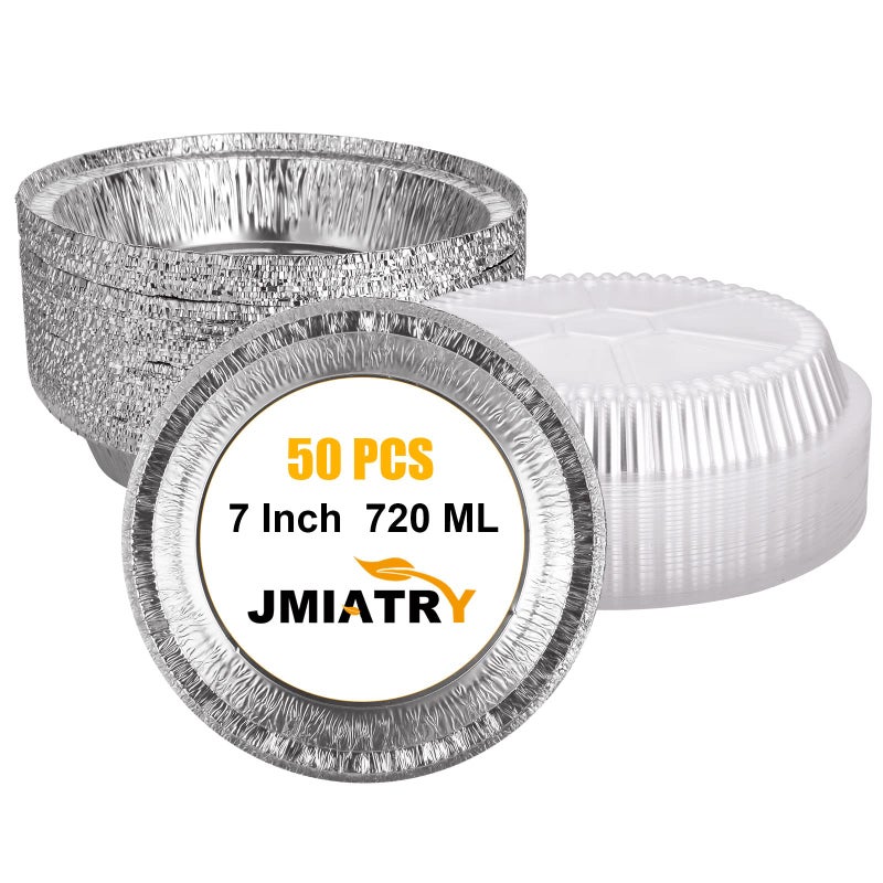 JMIATRY 50 Pack 7 Inch Round Foil Trays with Lids 720ML Disposable Foil Food Containers with Transparent Lids Aluminum Round Foils Trays for Party Baking Takeaway and Food Storage
