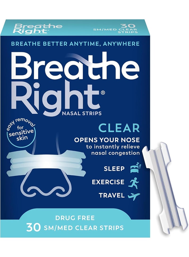 Breathe Right Nasal Strips, Clear Small/Medium Nose Strips, Snoring, Nasal Congestion, Deviated Septum, Allergies, 30 Ct (Packaging May Vary) - Image 1