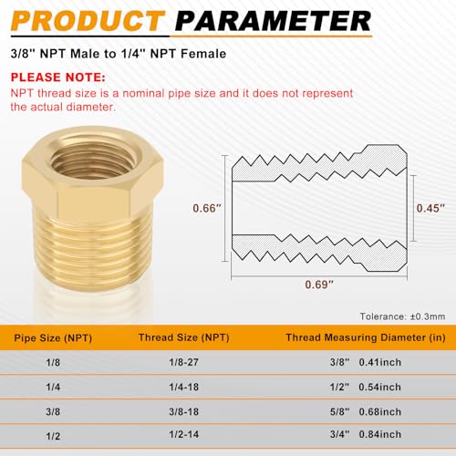 KOOTANS 4pcs Heavy Duty 3/8 NPT Male Thread to 1/4 NPT Female Thread Brass Reducer Hex Bushing Brass Fitting Pipe Hose Tube Adapter Convert - Image 2