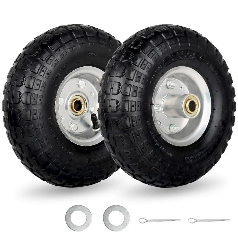 GICOOL 4.10/3.50-4" Tire and Wheel, 10" Pneumatic Tire, with 2.25" Offset Hub, 5/8" Axle Bore Hole, Sealed Bearings, for Hand Truck Trolley Dolly Garden Wagon Cart Wheel Replacement, 2 Pack - Image 1