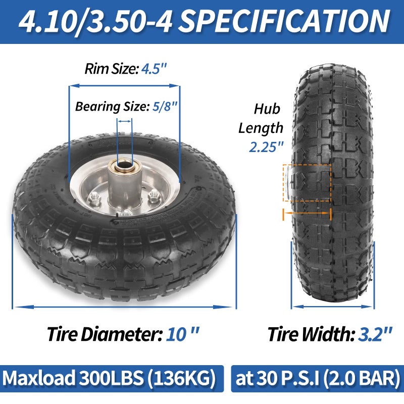 GICOOL 4.10/3.50-4" Tire and Wheel, 10" Pneumatic Tire, with 2.25" Offset Hub, 5/8" Axle Bore Hole, Sealed Bearings, for Hand Truck Trolley Dolly Garden Wagon Cart Wheel Replacement, 2 Pack - Image 2