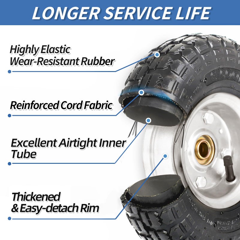 GICOOL 4.10/3.50-4" Tire and Wheel, 10" Pneumatic Tire, with 2.25" Offset Hub, 5/8" Axle Bore Hole, Sealed Bearings, for Hand Truck Trolley Dolly Garden Wagon Cart Wheel Replacement, 2 Pack - Image 4