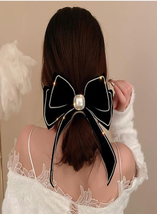 Shidara 1 pcs Luxury Velvet Black Hair Bow Hair Clips Barrettes Clips Large Bows with Pearl Rhinestone Hair Clip Big Bowknot Barrettes French Style Hair Accessories for Women (Black) - Image 2