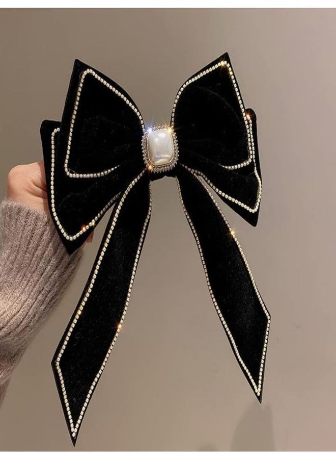 Shidara 1 pcs Luxury Velvet Black Hair Bow Hair Clips Barrettes Clips Large Bows with Pearl Rhinestone Hair Clip Big Bowknot Barrettes French Style Hair Accessories for Women (Black) - Image 5