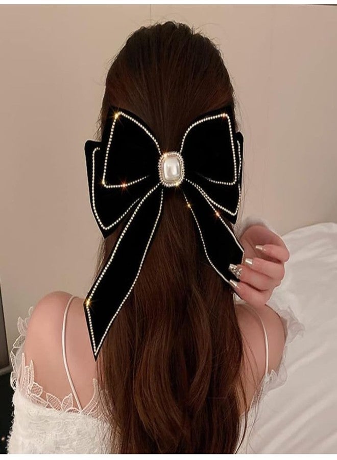 Shidara 1 pcs Luxury Velvet Black Hair Bow Hair Clips Barrettes Clips Large Bows with Pearl Rhinestone Hair Clip Big Bowknot Barrettes French Style Hair Accessories for Women (Black) - Image 4