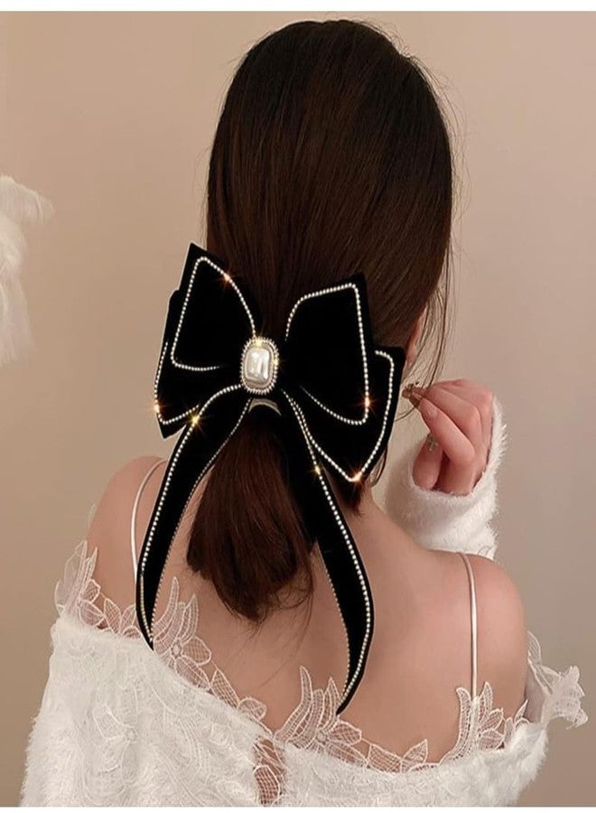 Shidara 1 pcs Luxury Velvet Black Hair Bow Hair Clips Barrettes Clips Large Bows with Pearl Rhinestone Hair Clip Big Bowknot Barrettes French Style Hair Accessories for Women (Black) - Image 3