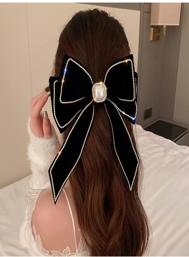 Shidara 1 pcs Luxury Velvet Black Hair Bow Hair Clips Barrettes Clips Large Bows with Pearl Rhinestone Hair Clip Big Bowknot Barrettes French Style Hair Accessories for Women (Black) - Image 1