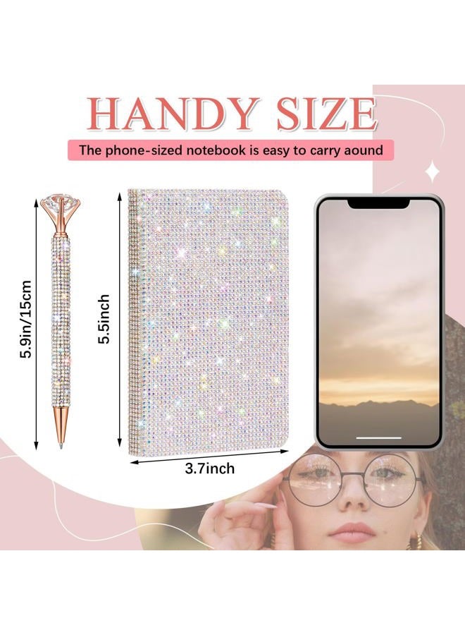 Resholder A6 Bling Pocket Notebook and Rhinestone Pen Sets Diamond Small Mini Leather Hardcover Notebook with 160 Pages, 3.7" x 5.5" (Silver) - Image 2