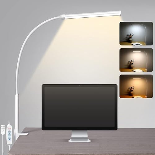 BROLAVIYA Overhead Flexible LED Desk Lamp with Clamp, 3 Modes, 10 Brightness, Eye-Caring, Long Flexible Gooseneck for Home, Office, Desktop,Bedroom, Reading, Study lamp, White - Image 1