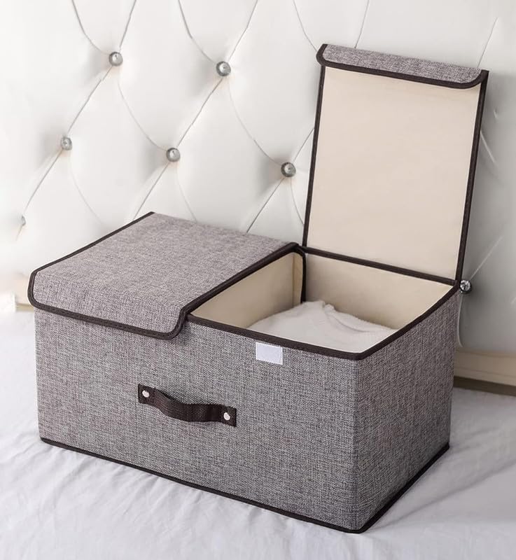 Quail QUAIL NonWoven Rectangular Foldable Jute Printed Storage Box with Double Lid Handle Collapsible Storage Bin for Organizing Toys Clothes and Books Brown Pack of 1  - Image 2