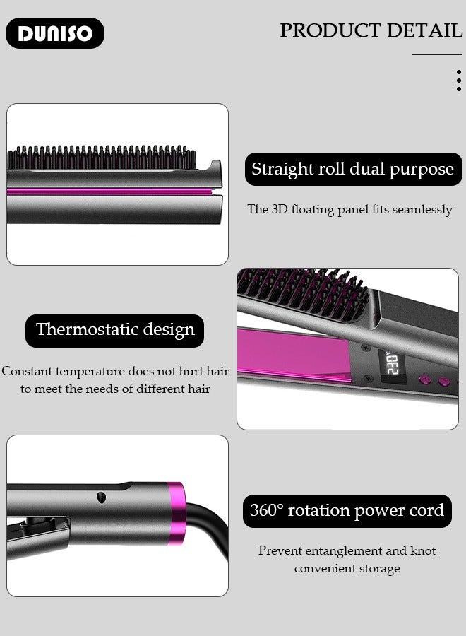 DUNISO 3 في 1 مكواة شعر أيون، مشط مملس شعر مع شاشة LCD لعرض درجة الحرارة لتنعيم وتجعيد الشعر، فرشاة مملس شعر مع 5 إعدادات للحرارة ومضادة للحروق لجميع أنواع الشعر - Image 2