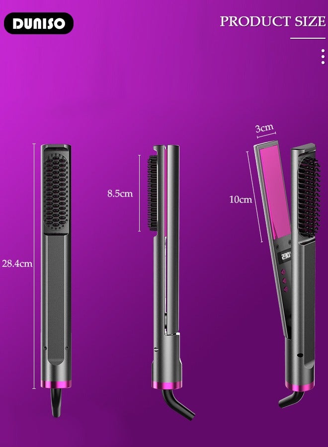 DUNISO 3 في 1 مكواة شعر أيون، مشط مملس شعر مع شاشة LCD لعرض درجة الحرارة لتنعيم وتجعيد الشعر، فرشاة مملس شعر مع 5 إعدادات للحرارة ومضادة للحروق لجميع أنواع الشعر - Image 4
