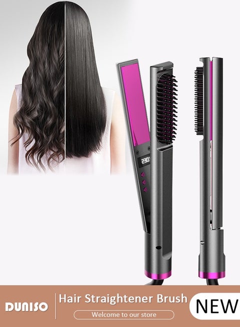 3 in 1 Ion Hair Straightener, Hair Straightener Comb with LCD Temperature Display for Straightening Curling Hair, Hair Straightener Brush with 5 Temp Settings and Anti-Scald for All Hair Types