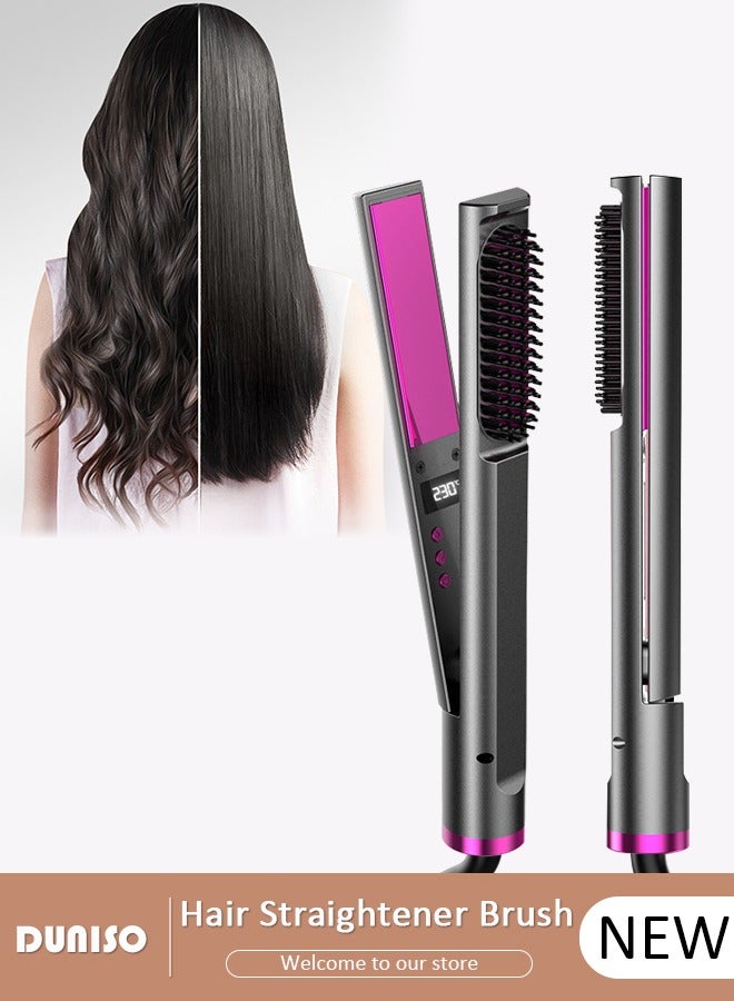 DUNISO 3 في 1 مكواة شعر أيون، مشط مملس شعر مع شاشة LCD لعرض درجة الحرارة لتنعيم وتجعيد الشعر، فرشاة مملس شعر مع 5 إعدادات للحرارة ومضادة للحروق لجميع أنواع الشعر - Image 1