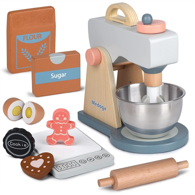 medoga Play Kitchen Accessories Wooden Mixer Set Pretend Play Food Sets for Kids Role Play Toys for Girls and Boys Mixer Set - Image 3